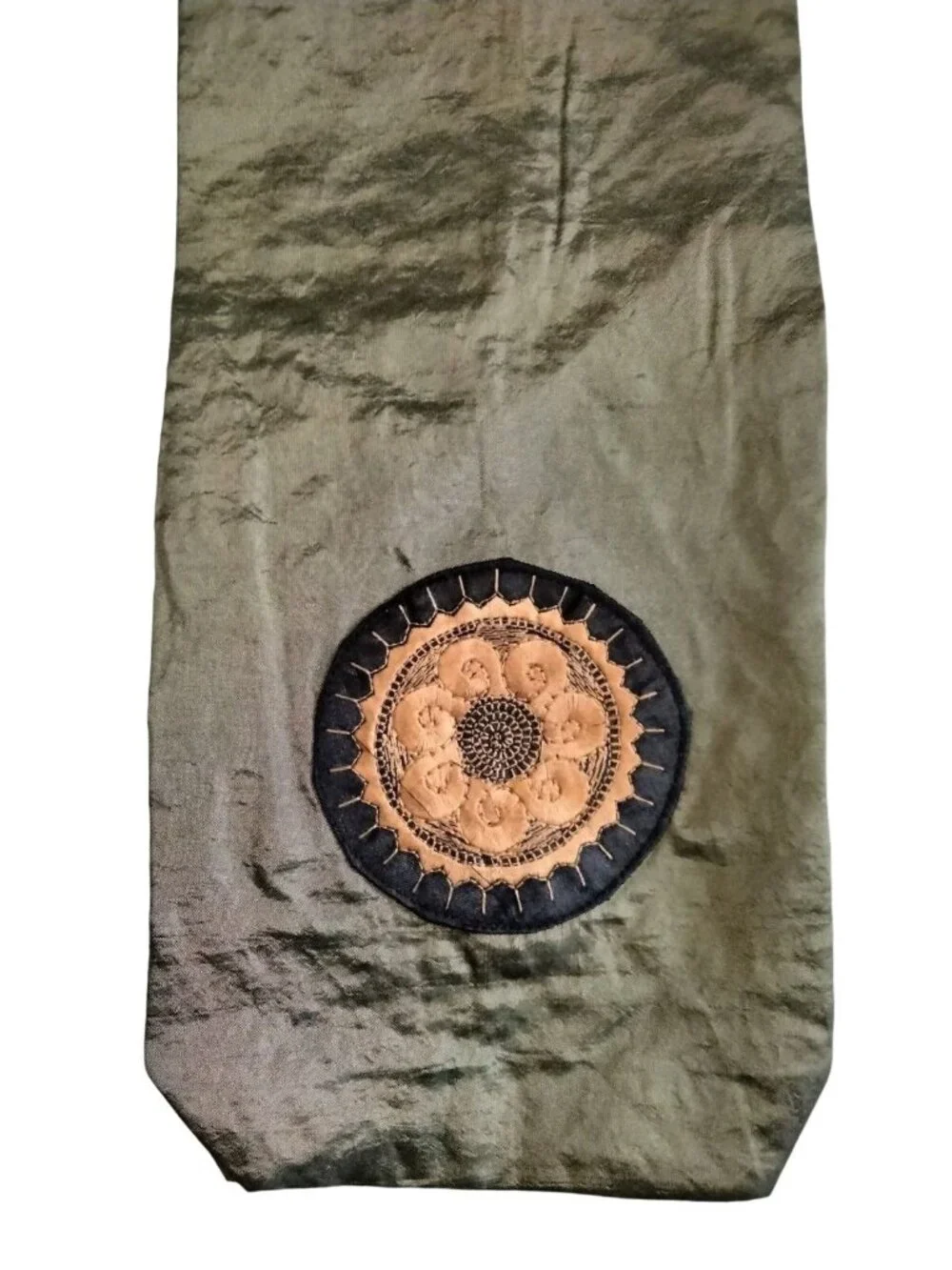 Fabric Wine Bottle Bag Green Embroidered Gold Flower Medallion Boho Gift